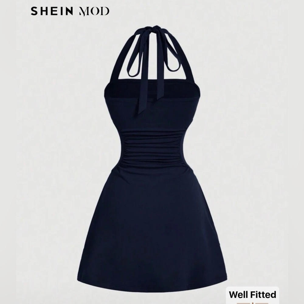 SHEINMOD Simple Solid Color A-Line Dress With Cinched Waist.
